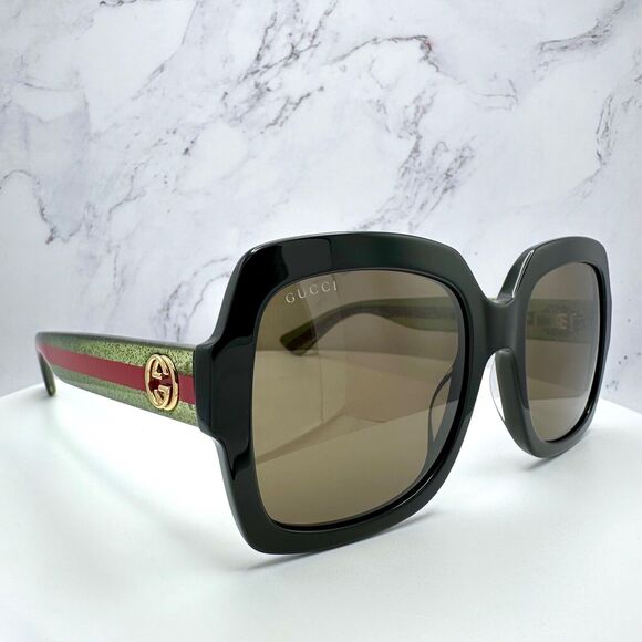 New Gucci Sunglasses Black Square Red Green Web Arms Gold Metal GG Logo - Picture 13 of 16
